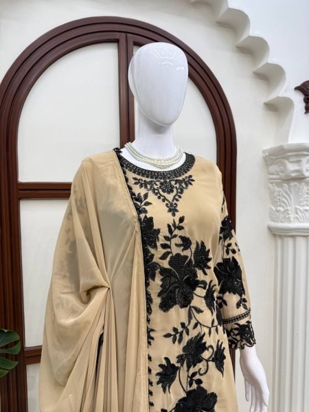 Cream Faux Georgette Three Piece Suit Set with Embroidery Work and Fancy Latkan Dupatta Ready To Wear Collection