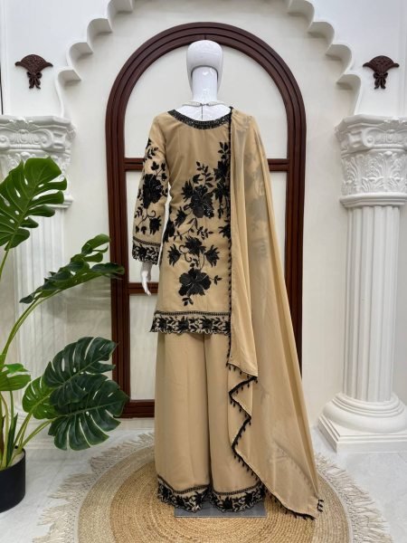 Cream Faux Georgette Three Piece Suit Set with Embroidery Work and Fancy Latkan Dupatta Ready To Wear Collection