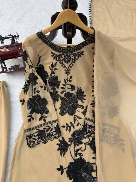 Cream Faux Georgette Three Piece Suit Set with Embroidery Work and Fancy Latkan Dupatta Ready To Wear Collection