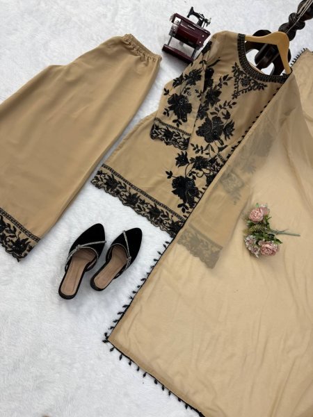 Cream Faux Georgette Three Piece Suit Set with Embroidery Work and Fancy Latkan Dupatta Ready To Wear Collection
