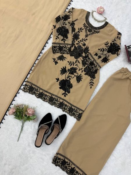 Cream Faux Georgette Three Piece Suit Set with Embroidery Work and Fancy Latkan Dupatta Ready To Wear Collection