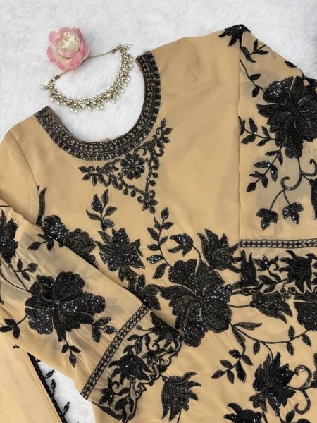 Cream Faux Georgette Three Piece Suit Set with Embroidery Work and Fancy Latkan Dupatta Ready To Wear Collection