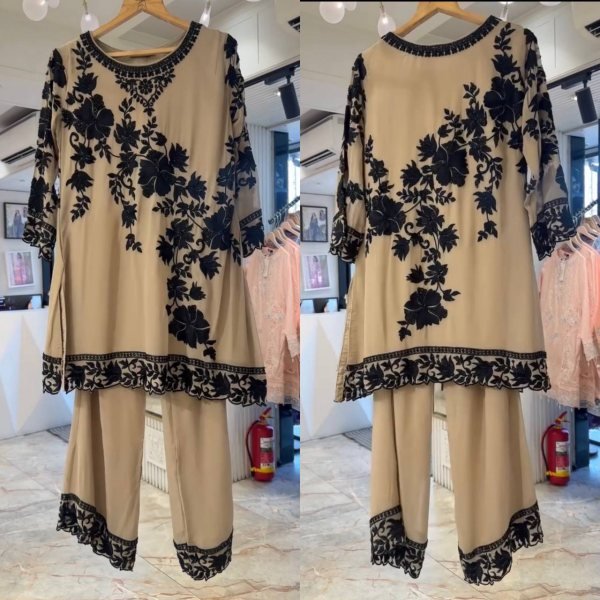 Cream Faux Georgette Three Piece Suit Set with Embroidery Work and Fancy Latkan Dupatta Ready To Wear Collection