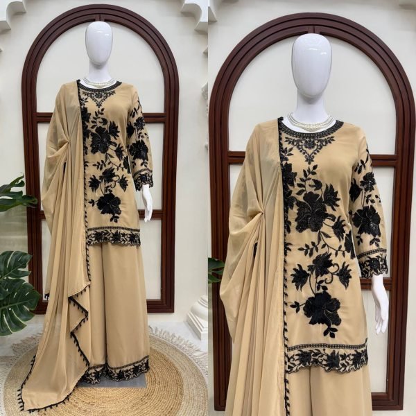 Cream Faux Georgette Three Piece Suit Set with Embroidery Work and Fancy Latkan Dupatta Ready To Wear Collection