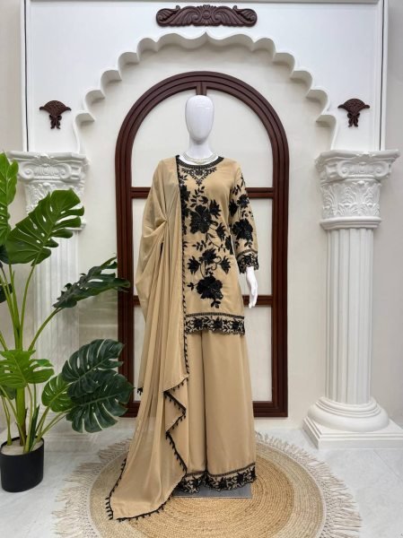 Cream Faux Georgette Three Piece Suit Set with Embroidery Work and Fancy Latkan Dupatta Ready To Wear Collection