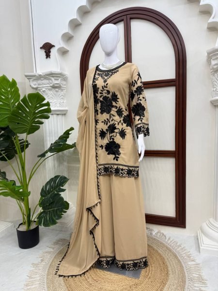 Cream Faux Georgette Three Piece Suit Set with Embroidery Work and Fancy Latkan Dupatta Ready To Wear Collection