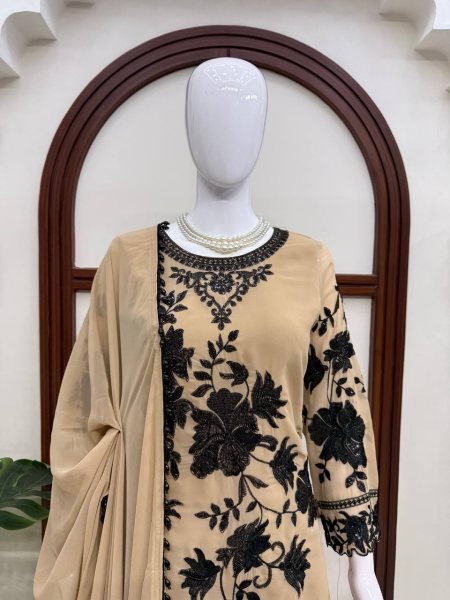 Cream Faux Georgette Three Piece Suit Set with Embroidery Work and Fancy Latkan Dupatta Ready To Wear Collection