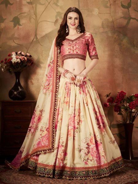 Cream Floral Organza Lehenga with Embroidered Peach Blouse for Wedding Wear Designer Lehenga Choli