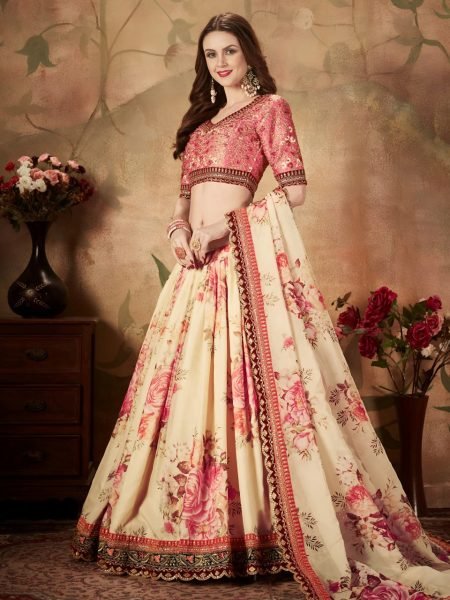 Cream Floral Organza Lehenga with Embroidered Peach Blouse for Wedding Wear Designer Lehenga Choli