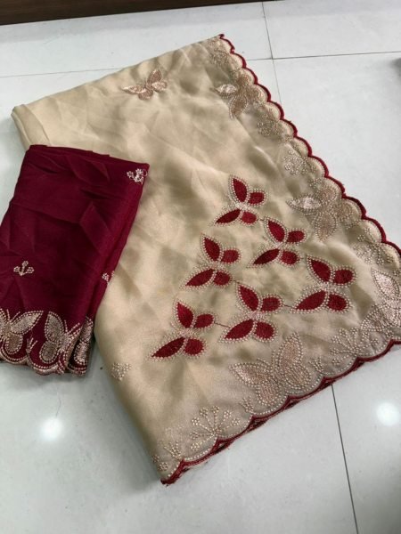 Cream Georgette Saree with Floral Embroidery and Contrast Blouse Embroidery Sarees Wholesale