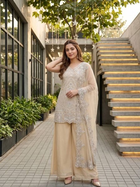 Cream Georgette Suit with Sequence Embroidery for Wedding and Festive Wear 