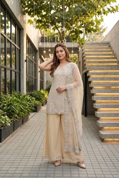 Cream Georgette Suit with Sequence Embroidery for Wedding and Festive Wear Ready To Wear Collection