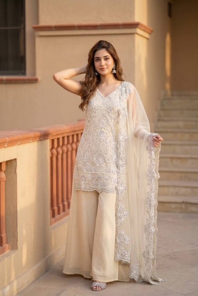 Cream Georgette Suit with Sequence Embroidery for Wedding and Festive Wear Ready To Wear Collection