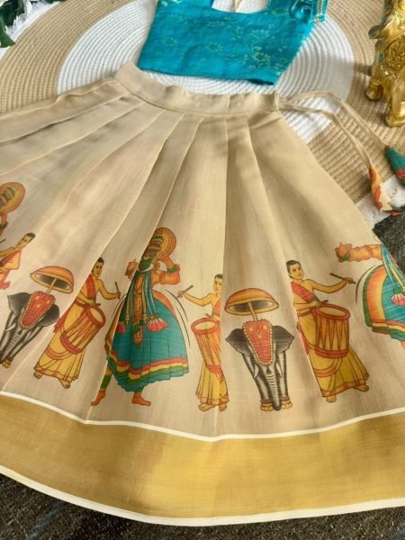 Cream Golden Girls Lehenga with Sky Blue Banarasi Brocade Blouse for Onam Girls Wear