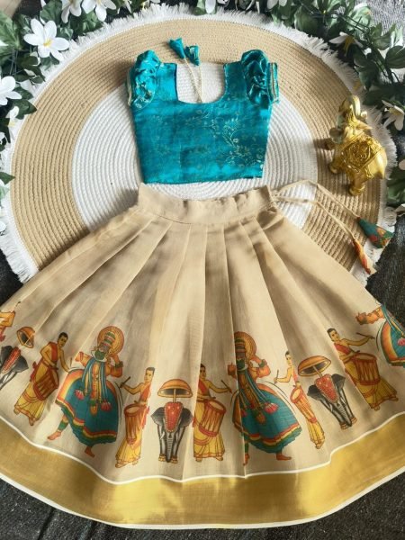 Cream Golden Girls Lehenga with Sky Blue Banarasi Brocade Blouse for Onam Girls Wear