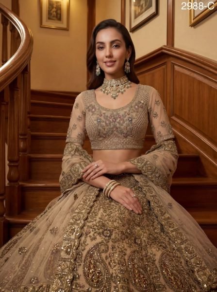 Cream Grand Flair Lehenga Choli with Premium Embroidery for Bride Bridal Lehenga Choli