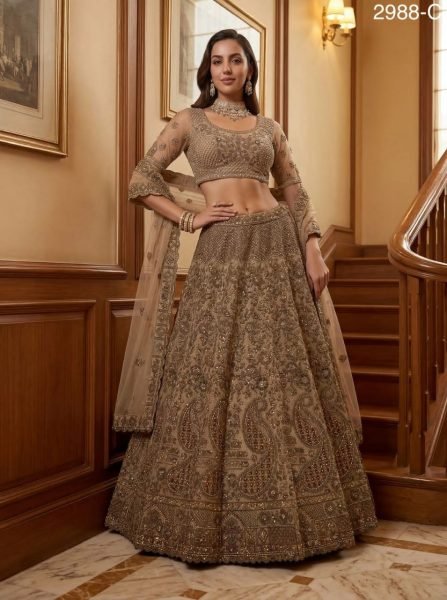 Cream Grand Flair Lehenga Choli with Premium Embroidery for Bride Bridal Lehenga Choli