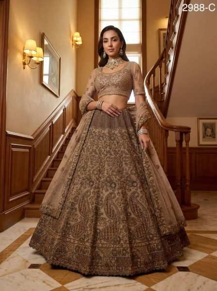 Cream Grand Flair Lehenga Choli with Premium Embroidery for Bride Bridal Lehenga Choli