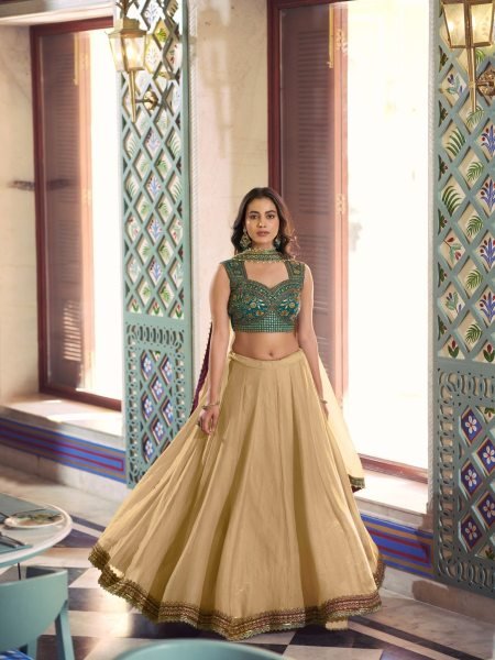 Cream Green Fendi Lehenga Choli with Thread Work Blouse at Manufacturer Price  Lehenga
