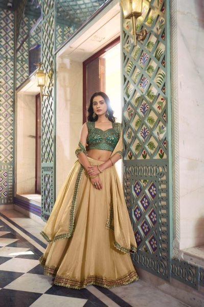 Cream Green Fendi Lehenga Choli with Thread Work Blouse at Manufacturer Price Designer Lehenga Choli