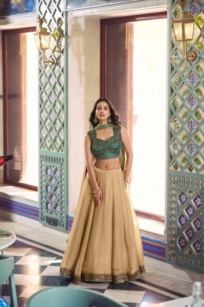 Cream Green Fendi Lehenga Choli with Thread Work Blouse at Manufacturer Price Designer Lehenga Choli