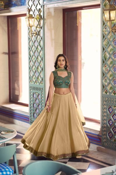 Cream Green Fendi Lehenga Choli with Thread Work Blouse at Manufacturer Price Designer Lehenga Choli
