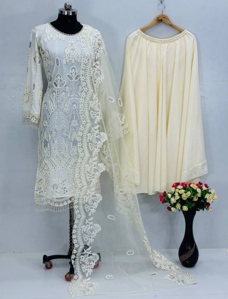Cream Heavy Soft Net Embroidered Palazzo Suit with Dupatta for Weddings Ready To Wear Collection