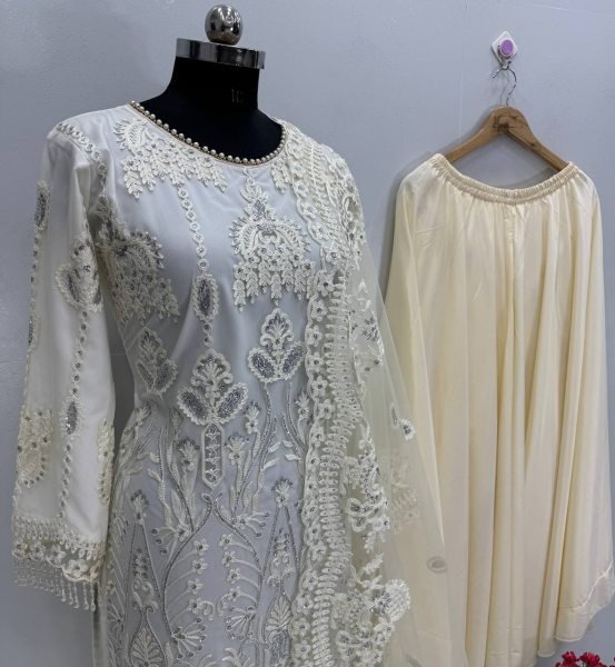 Cream Heavy Soft Net Embroidered Palazzo Suit with Dupatta for Weddings Ready To Wear Collection