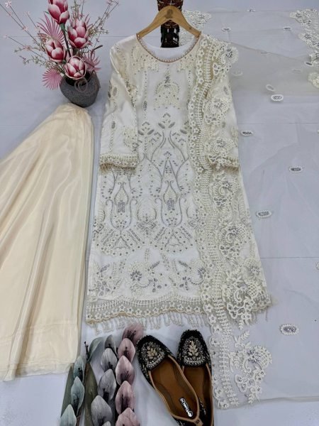 Cream Heavy Soft Net Embroidered Palazzo Suit with Dupatta for Weddings Ready To Wear Collection
