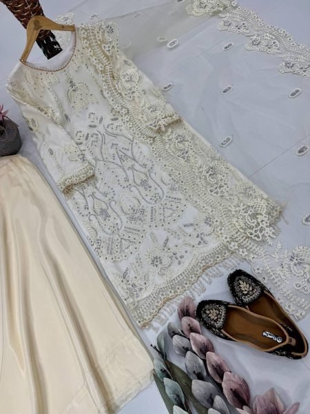 Cream Heavy Soft Net Embroidered Palazzo Suit with Dupatta for Weddings Ready To Wear Collection