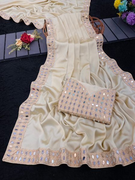 Cream Japan Satin Saree with Real Mirror Work for Wedding and Festive Wear Bollywood Fancy Sarees Wholesale