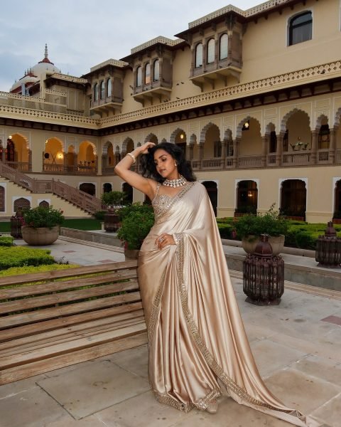 Cream Japan Satin Saree with Real Mirror Work for Wedding and Festive Wear Bollywood Fancy Sarees Wholesale