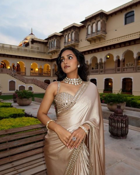 Cream Japan Satin Saree with Real Mirror Work for Wedding and Festive Wear Bollywood Fancy Sarees Wholesale