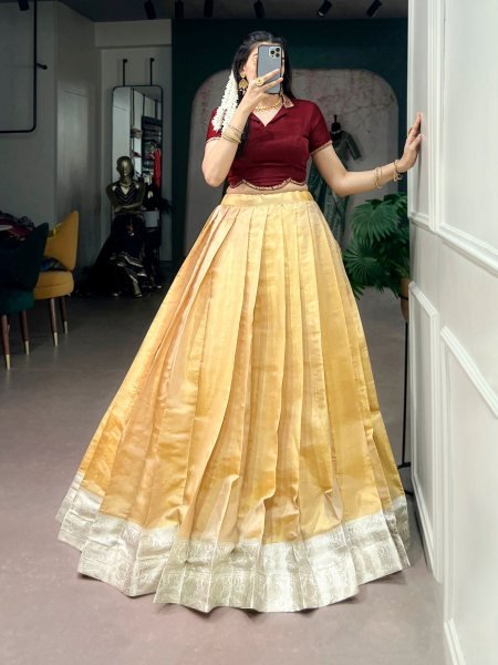 Cream Kanchipuram Silk Onam Pavada Set with Rich Zari Weaving and Satin Silk Blouse Onam Collection
