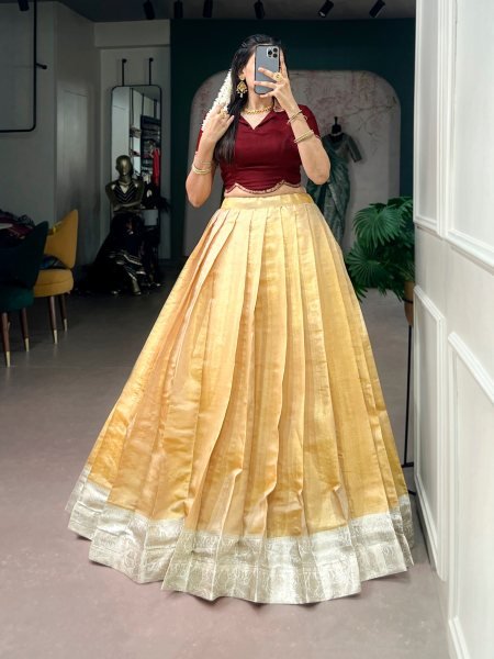 Cream Kanchipuram Silk Onam Pavada Set with Rich Zari Weaving and Satin Silk Blouse Designer Lehenga Choli
