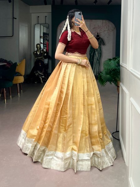 Cream Kanchipuram Silk Onam Pavada Set with Rich Zari Weaving and Satin Silk Blouse Designer Lehenga Choli