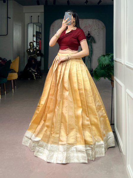 Cream Kanchipuram Silk Onam Pavada Set with Rich Zari Weaving and Satin Silk Blouse Designer Lehenga Choli
