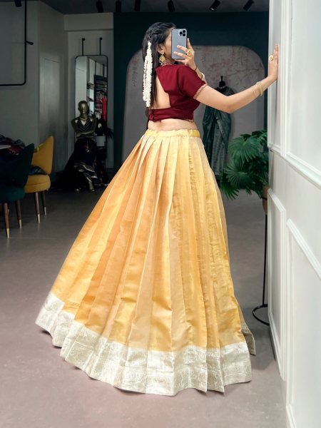 Cream Kanchipuram Silk Onam Pavada Set with Rich Zari Weaving and Satin Silk Blouse Designer Lehenga Choli