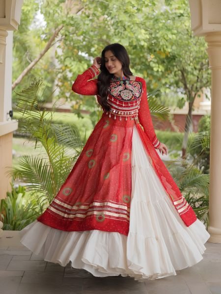 Cream Kora Cotton Lehenga with Red Bandhani Print Faux Georgette Kurti For Garba Night  Lehenga