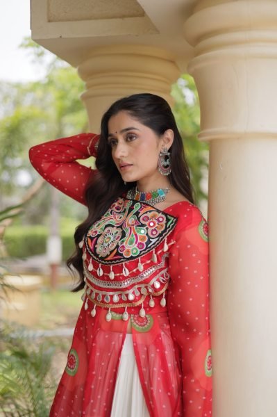 Cream Kora Cotton Lehenga with Red Bandhani Print Faux Georgette Kurti For Garba Night Navratri Lehnega Choli