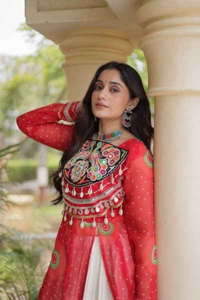 Cream Kora Cotton Lehenga with Red Bandhani Print Faux Georgette Kurti For Garba Night Navratri Lehnega Choli