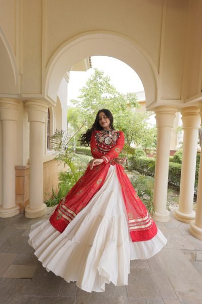 Cream Kora Cotton Lehenga with Red Bandhani Print Faux Georgette Kurti For Garba Night Navratri Lehnega Choli