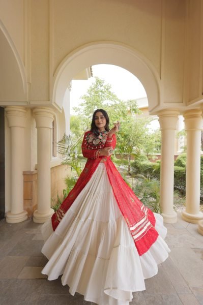Cream Kora Cotton Lehenga with Red Bandhani Print Faux Georgette Kurti For Garba Night Navratri Lehnega Choli