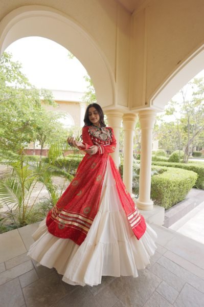 Cream Kora Cotton Lehenga with Red Bandhani Print Faux Georgette Kurti For Garba Night Navratri Lehnega Choli