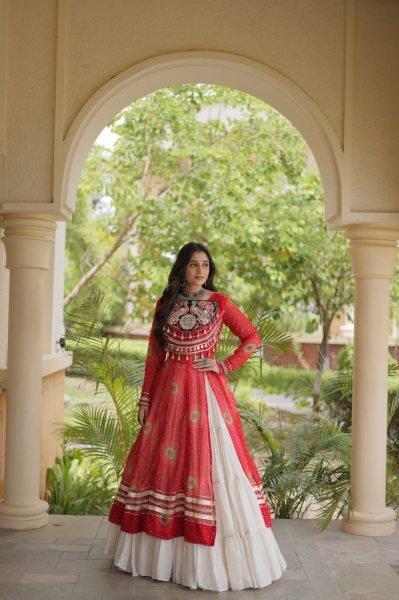 Cream Kora Cotton Lehenga with Red Bandhani Print Faux Georgette Kurti For Garba Night Navratri Lehnega Choli
