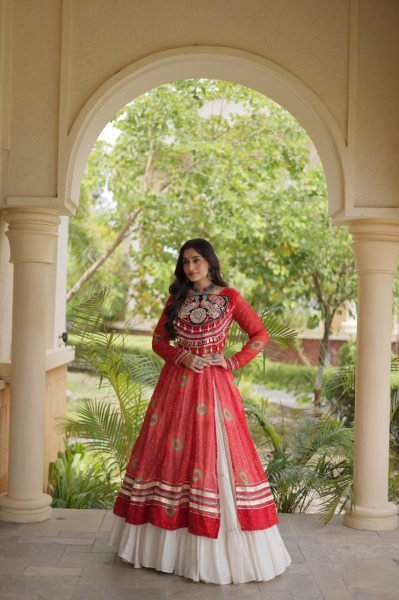 Cream Kora Cotton Lehenga with Red Bandhani Print Faux Georgette Kurti For Garba Night Navratri Lehnega Choli