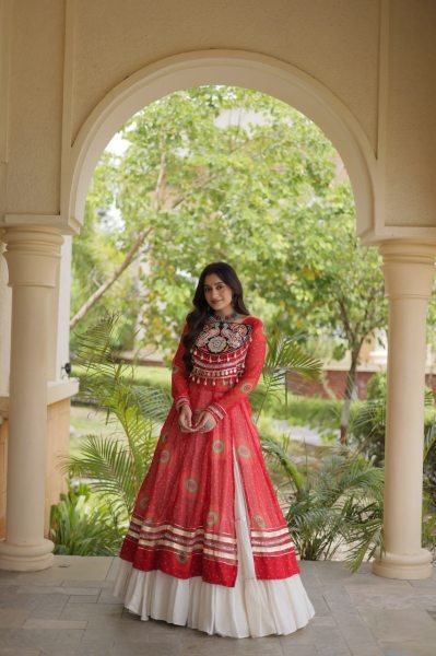 Cream Kora Cotton Lehenga with Red Bandhani Print Faux Georgette Kurti For Garba Night Navratri Lehnega Choli