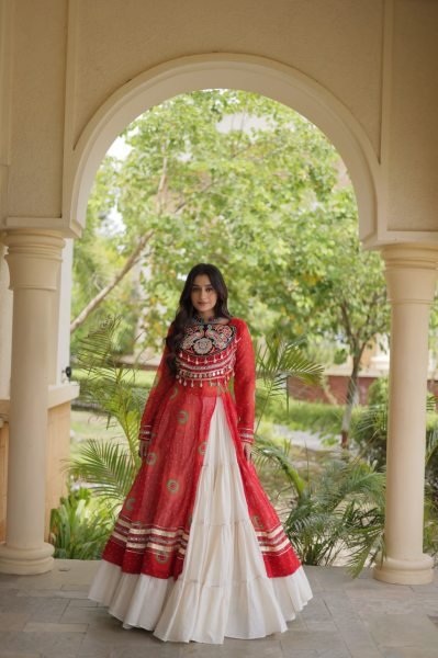 Cream Kora Cotton Lehenga with Red Bandhani Print Faux Georgette Kurti For Garba Night Navratri Lehnega Choli