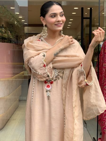 Cream Motifs Regular Beads and Stones Pure Silk Kurta With Dupatta Embroidery Kurtis 