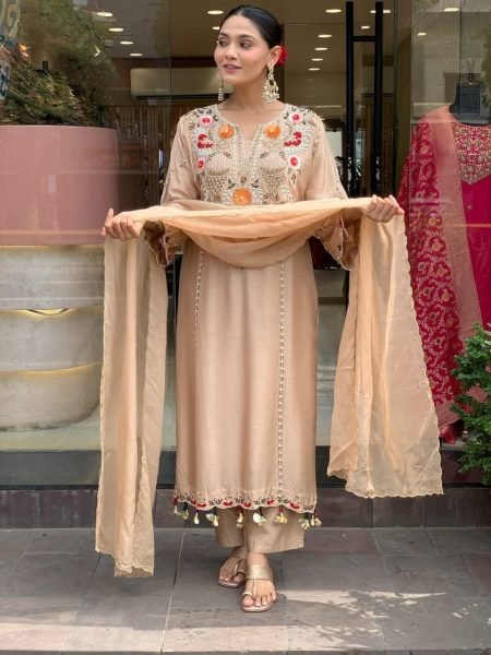 Cream Motifs Regular Beads and Stones Pure Silk Kurta With Dupatta Embroidery Kurtis 